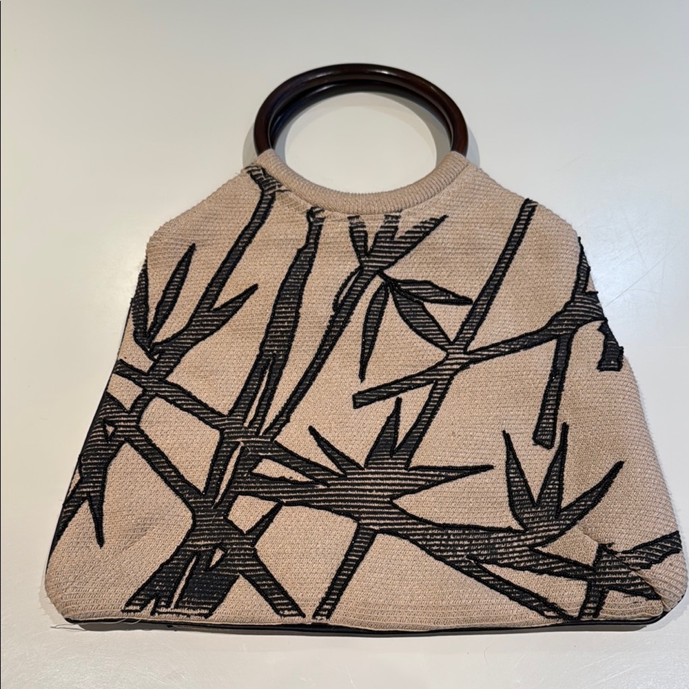 Elegant Tan and Black Bamboo Pattern Bag with Wooden Handles